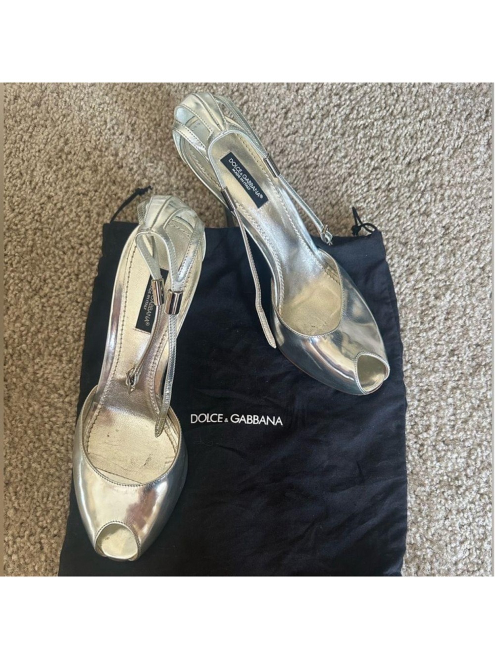 Dolce Gabbana Silver Peep Toe Slingback Heels Size 37.5